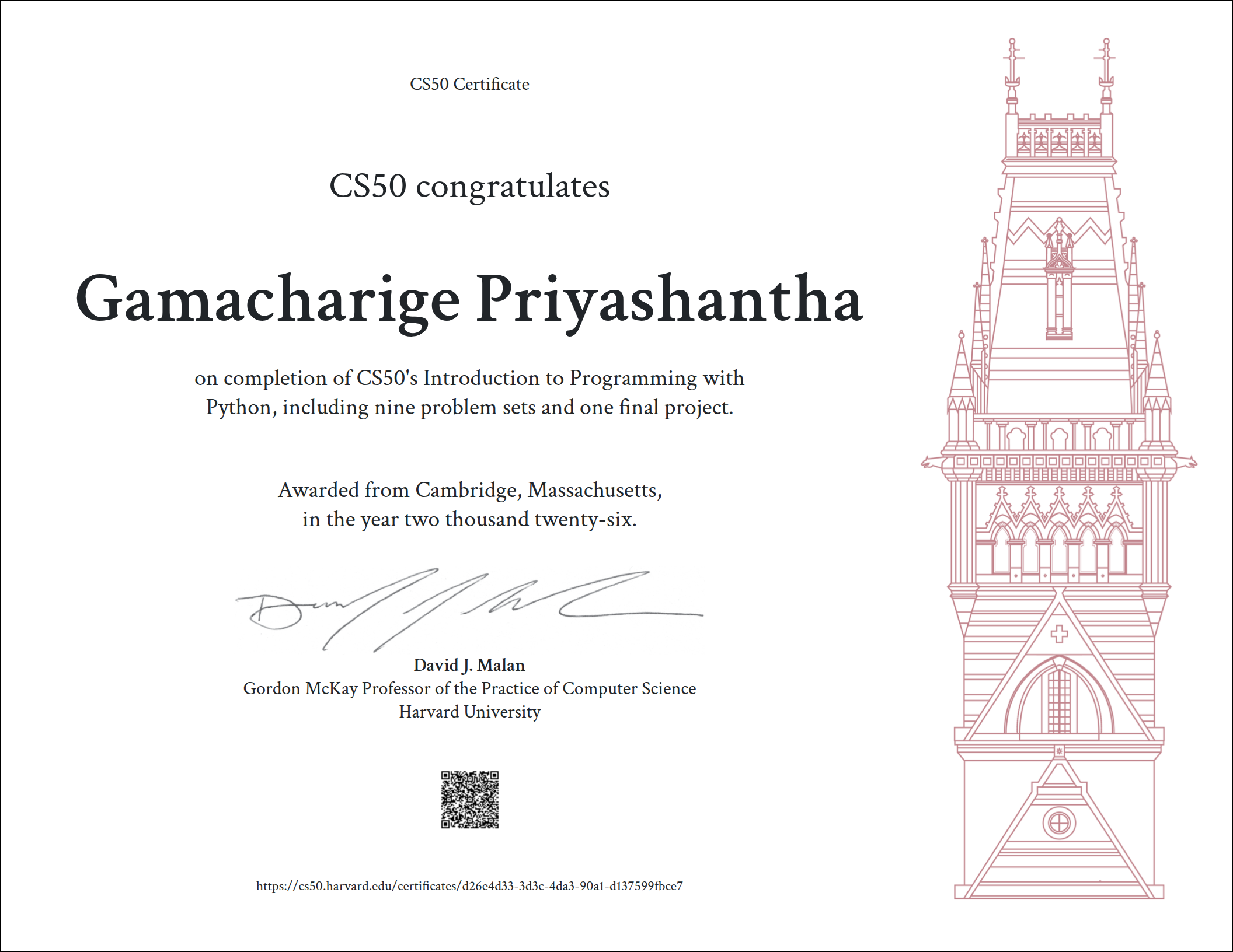 CS50P Introduction to Programming with Python Certificate